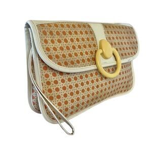 Vintage Lulu Guinness Lattice Print Coral White Vinyl Trim Wristlet Clutch Bag